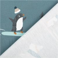 92894-French-Terry-Sommersweat-Wintertiere-Digtialdruck-mintgruen-1-48m-Breite-IMG-0776.jpg French Terry Sommersweat mit Digitaldruck von winterlichen Tieren wie Eisbären, Füchsen und Pinguinen auf mintgrünem Hintergrund, weich und elastisch, 148 cm Breite - mit Rueckseite