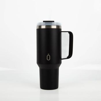 Runbott Latt Trinkbecher, 1100 ml, schwarz, mit Henkel, doppelwandiger Edelstahl, geschmacksneutral, BPA-frei und auslaufsicher, hoher Thermobecher mit Deckel und Trinköffnung - Vollansicht