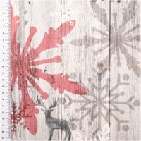 Baumwollstoff Halbpanama mit roten und grauen Schneeflocken sowie Hirsch-Motiven auf Holzoptik-Hintergrund, robust und ideal für Weihnachtsdeko - mit Massband