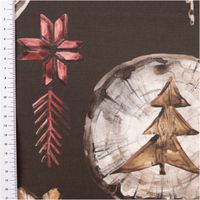 92988-Weihnachtsstoff-Baumwolle-Halbpanama-Wooden-Christmas-braun-1-40m-Breite-IMG-1036.jpg Baumwollstoff Halbpanama in Braun mit Weihnachtsmotiven wie Sternen, Elch, Herz und Holzscheiben, robust und ideal für Deko - mit Massband Detailaufnahme