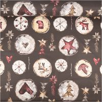 92988-Weihnachtsstoff-Baumwolle-Halbpanama-Wooden-Christmas-braun-1-40m-Breite-IMG-1039.jpg Baumwollstoff Halbpanama in Braun mit Weihnachtsmotiven wie Sternen, Elch, Herz und Holzscheiben, robust und ideal für Deko - ausgerollt
