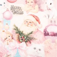 French Terry Baumwollsweat mit Weihnachtsmotiv in Rosa, bedruckt mit Weihnachtsmann, Engeln, Katze und Ornamenten, weich und elastisch, 150 cm Breite - Nahaufnahme