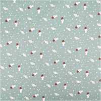 Baumwollstoff Popeline in Mint mit Schneemann-Motiven und Schneeflocken, weich, pflegeleicht und ideal für winterliche Nähideen - Vollansicht