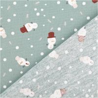 Baumwollstoff Popeline in Mint mit Schneemann-Motiven und Schneeflocken, weich, pflegeleicht und ideal für winterliche Nähideen - mit Rueckseite