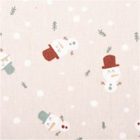 Baumwollstoff Popeline in Sand mit Schneemann-Motiven und Schneeflocken, weich, pflegeleicht und ideal für winterliche Nähideen - Nahaufnahme