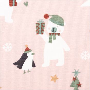 Baumwolljersey in Rosa mit Schneemann-, Bär- und Pinguin-Motiven, verziert mit Tannenbäumen und Herzen, weich und elastisch - Nahaufnahme