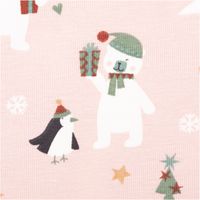Baumwolljersey in Rosa mit Schneemann-, Bär- und Pinguin-Motiven, verziert mit Tannenbäumen und Herzen, weich und elastisch - Nahaufnahme