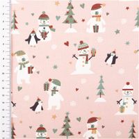 Baumwolljersey in Rosa mit Schneemann-, Bär- und Pinguin-Motiven, verziert mit Tannenbäumen und Herzen, weich und elastisch - mit Massband