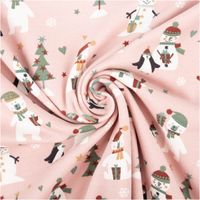 93002-Jersey-Stoff-Baumwolljersey-Schneemann--Baer-und-PInguin-rosa-1-45m-Breite-IMG-0971.jpg Baumwolljersey in Rosa mit Schneemann-, Bär- und Pinguin-Motiven, verziert mit Tannenbäumen und Herzen, weich und elastisch - kunstvoll eingedreht in Falten