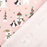 93002-Jersey-Stoff-Baumwolljersey-Schneemann--Baer-und-PInguin-rosa-1-45m-Breite-IMG-0972.jpg Baumwolljersey in Rosa mit Schneemann-, Bär- und Pinguin-Motiven, verziert mit Tannenbäumen und Herzen, weich und elastisch - mit Rueckseite