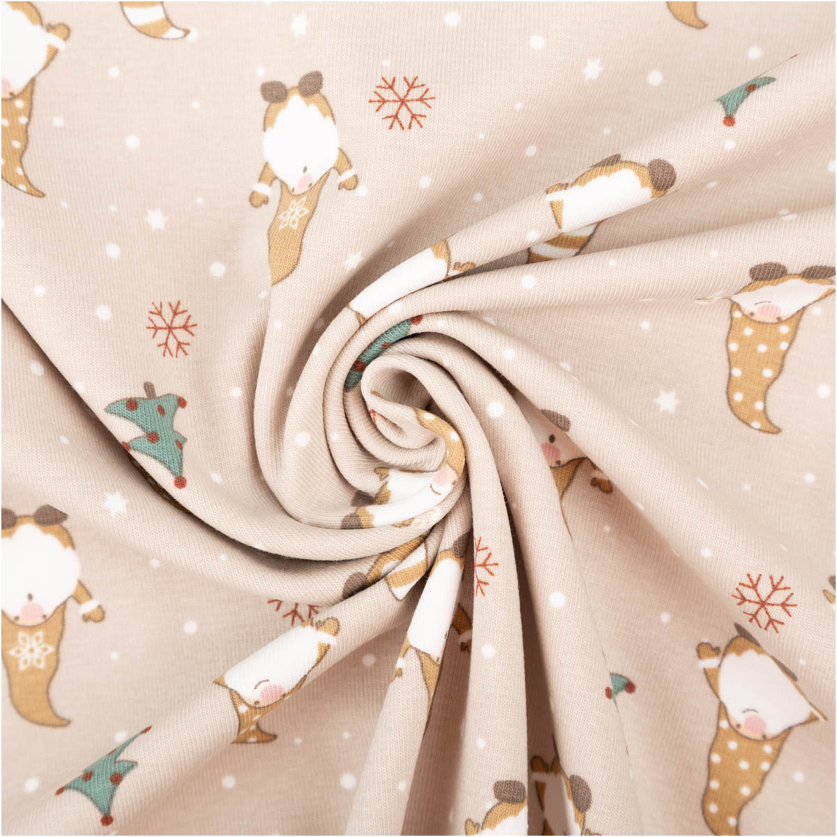 93003-Jersey-Stoff-Baumwolljersey-Weihnachtswichtel-rosa-1-45m-Breite-IMG-0965.jpg Baumwolljersey in Rosa mit Weihnachtswichtel-, Schneeflocken- und Tannenbaum-Motiven, weich, elastisch und angenehm auf der Haut - kunstvoll eingedreht in Falten