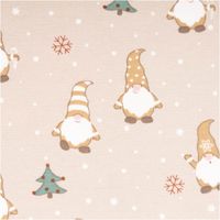 Baumwolljersey in Rosa mit Weihnachtswichtel-, Schneeflocken- und Tannenbaum-Motiven, weich, elastisch und angenehm auf der Haut - Nahaufnahme