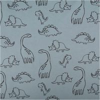 Blauer French Terry Sommersweat mit schwarzen Dinosaurier-Motiven, weicher Stoff mit Schlingenstruktur, ideal für Kinderkleidung - Vollansicht