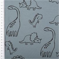 Blauer French Terry Sommersweat mit schwarzen Dinosaurier-Motiven, weicher Stoff mit Schlingenstruktur, ideal für Kinderkleidung - mit Massband