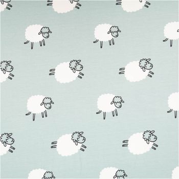 Blauer French Terry Sommersweat mit weißen Schäfchen-Motiven, weicher Stoff mit Schlingenstruktur, ideal für Kinderkleidung - Vollansicht