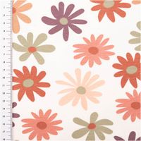 Wollweißer French Terry Sommersweat mit großen bunten Blumen in Orange, Rosa und Lila, weiche Schlingenstruktur, ideal für Kleidung - mit Massband