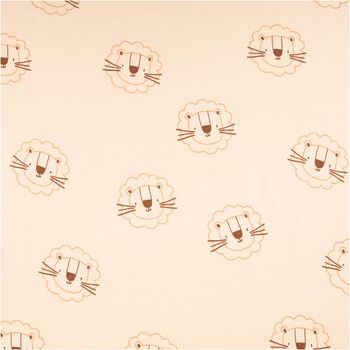 Beiger French Terry Sommersweat mit Löwenkopf-Motiven, weicher Stoff mit Schlingenstruktur, ideal für Kinderkleidung und Accessoires - Vollansicht