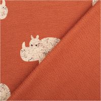 93020-Terry-Krepp-Jersey-Stoff-Baumwolle-Nashorn-terracotta-145cm-elastisch-und-hautfreundlich-IMG-0944.jpg Baumwollstoff in Terracotta mit weißen Nashorn-Motiven, elastisch, hautfreundlich und weich, ideal für Kinderkleidung - mit Rueckseite