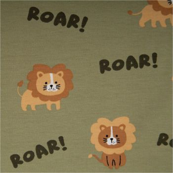 Weicher Baumwolljersey mit Löwenmotiv und Schriftzug ‚ROAR!‘ auf olivgrünem Hintergrund – kindgerecht gestaltet, ideal für Shirts, Leggings und Babybekleidung - Nahaufnahme