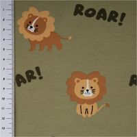 Weicher Baumwolljersey mit Löwenmotiv und Schriftzug ‚ROAR!‘ auf olivgrünem Hintergrund – kindgerecht gestaltet, ideal für Shirts, Leggings und Babybekleidung - mit Massband