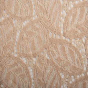 Feine Spitze mit Chenille-Blätterdessin in zartem Beige – edel strukturiert und halbtransparent, perfekt für festliche Mode, Brautaccessoires oder elegante Dekorationen - Nahaufnahme