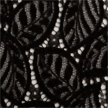 Hochwertige Spitze mit Chenille Blätterdessin in elegantem Schwarz besticht durch ihre samtige Textur und das filigrane Muster. Die 150 cm breite Meterware ist ideal für exklusive, festliche Bekleidung - Nahaufnahme