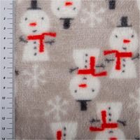 Kuschelweicher grauer Fleecestoff, präsentiert mit weißen Schneemännern, roten Schals und Schneeflocken als winterliches Stoffdesign, 1,45 m breit - mit Massband