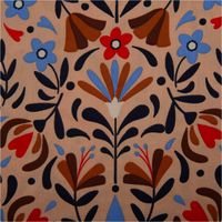 93082-Baumwollstoff-Lafleur-Scandi-Blumen-beige-1-47m-Breite-IMG-1562.jpg Baumwollstoff Lafleur Scandi mit grafischem Blumenmuster in Beige, Rot, Blau und Braun – inspiriert vom skandinavischen Stil, ideal für Kleider, Kissen oder Heimtextilien - Nahaufnahme