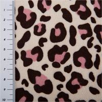 Samtweicher Nickistoff aus Baumwoll-Velours in Beige mit Leo-Muster in Braun und Rosa, 1,50 m breit – elastisch, kuschelig und vielseitig einsetzbar - mit Massband