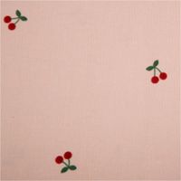 93131-Cord-Stoff-Feincord-21W-Baumwolle-mit-Kirschen-rosa-rot-1-45m-Breite-IMG-1262.jpg Feincordstoff aus Baumwolle in Rosa mit kleinen roten Kirschen, 1,45 m breit, weich und fein strukturiert – perfekt für verspielte Mode und Accessoires - Nahaufnahme