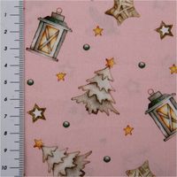Weihnachtsstoff Baumwollstoff Popeline Allover Weihnachtsmotive rosa beige 1,45m Breite - mit Massband