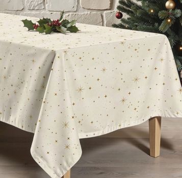 Tischdecke Sterne natur gold auf Holztisch, festlich dekoriert mit Zweigen