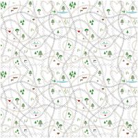 Baumwollstoff mit bunten Pfotenspuren, Bäumen, Herzen und Waldmotiven auf weißem Hintergrund mit Zentimetermaß