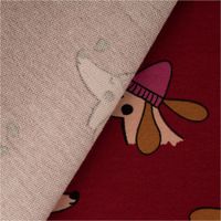 French Terry Sommersweat Dackel mit Mütze, Digitaldruck rot. Das Muster zeigt charmante Hunde mit rosa Strickmützen, 1,48m breit - mit Rueckseite