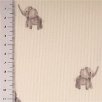 Wollweißer Rippjersey aus Baumwolle, präsentiert mit kleinen grauen Elefantenmotiven als weicher, elastischer Stoff, 1,20 m breit - mit Massband