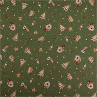 Weihnachtsstoff Baumwollstoff Popeline Allover. Das Muster in Grün und Beige zeigt Vogelhäuschen, Bäume, Laternen und Sterne, 1,45m breit - Vollansicht