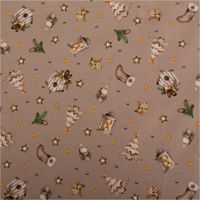 Weihnachtsstoff Baumwollstoff Popeline Allover. Das Muster in Beige zeigt detailreiche Vogelhäuschen, Laternen, Bäume und Sterne, 1,45m breit - Nahaufnahme