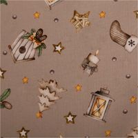 93253-Weihnachtsstoff-Baumwollstoff-Popeline-Allover-Weihnachtsmotive-beige-1-45m-Breite-IMG-2785.jpg Weihnachtsstoff Baumwollstoff Popeline Allover. Das Muster in Beige zeigt detailreiche Vogelhäuschen, Laternen, Bäume und Sterne, 1,45m breit - Detailaufnahme