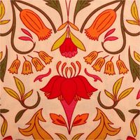 Baumwollstoff Popeline Alphonse. Der Digitaldruck zeigt Blumen Ornamente in Peach, Grün und Pink in einem symmetrischen Muster, 1,47m breit - Nahaufnahme