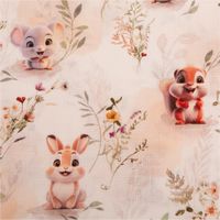 93255-Baumwollstoff-Popeline-Digitaldruck-Tiere-Blumenwiese-weiss-beige-gruen-1-47m-Breite-IMG-2799.jpg Baumwollstoff Popeline Digitaldruck. Das Muster zeigt süße Tiere wie Maus, Eichhörnchen und Hase auf einer Blumenwiese, 1,47m breit - Nahaufnahme