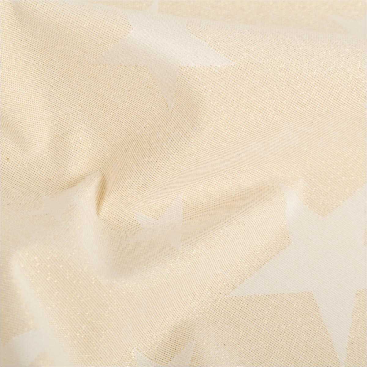 Edler Jacquard Weihnachtsstoff mit elegantem Metallic-Effekt. Große, glitzernde Sterne in Gold zieren den beigefarbenen Grund. Das Deko-Gewebe hat eine Breite von 2,80 Metern - Rueckseite drapiert