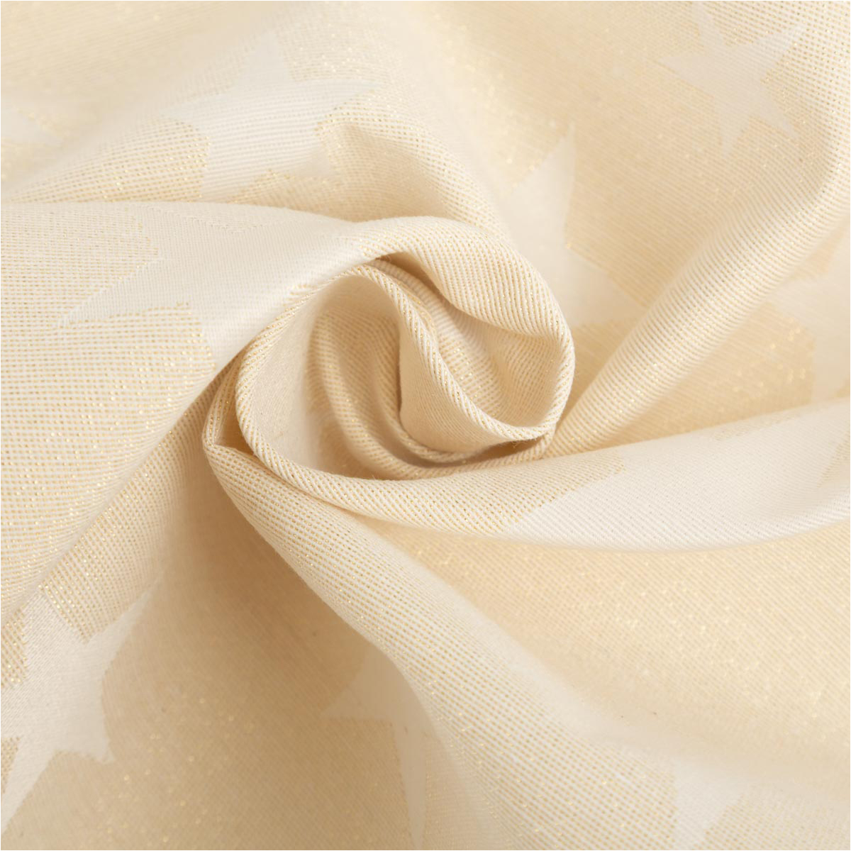 Edler Jacquard Weihnachtsstoff mit elegantem Metallic-Effekt. Große, glitzernde Sterne in Gold zieren den beigefarbenen Grund. Das Deko-Gewebe hat eine Breite von 2,80 Metern - eingedrehte Rueckseite in Falten