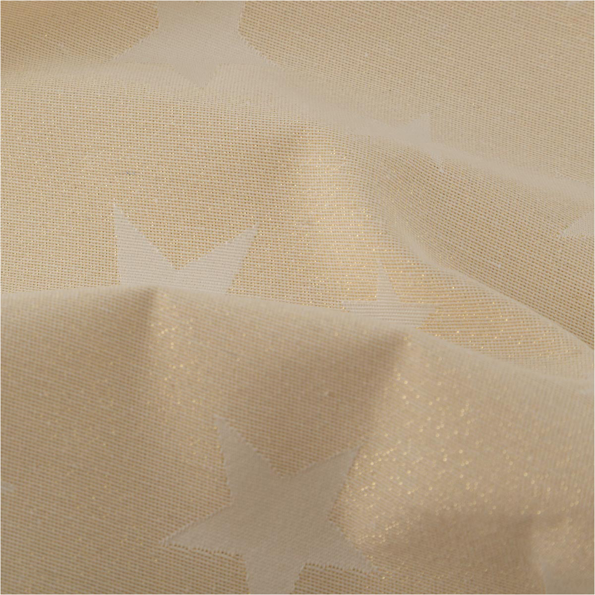 Edler Jacquard Weihnachtsstoff mit elegantem Metallic-Effekt. Große, glitzernde Sterne in Gold zieren den beigefarbenen Grund. Das Deko-Gewebe hat eine Breite von 2,80 Metern Rueckseite Detailaufnahme