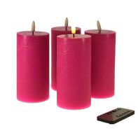 4 große pinke LED Echtwachskerzen mit realistischer 3D-Flamme und Fernbedienung