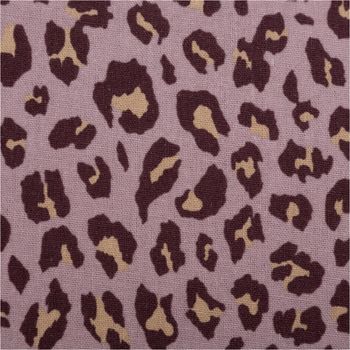 Leichter Viskosestoff mit hohem Leinenanteil und einem stylishen Leo-Print. Das Muster zeigt eine moderne Farbkombination in Rosa, dunklem Aubergine und Creme, 1,34 Meter breit - Nahaufnahme