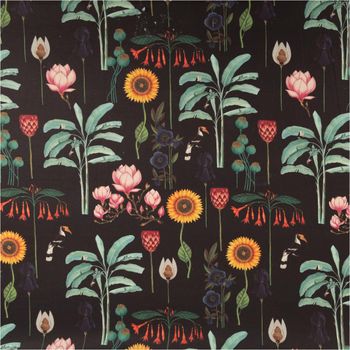 Baumwollstoff Halbpanama schwarz bunt mit Blumen und Palmenblättern auf dunklem Hintergrund. Der detailreiche Stoff zeigt ein exotisches Floralmotiv und ist 1,40 m breit - Vollansicht
