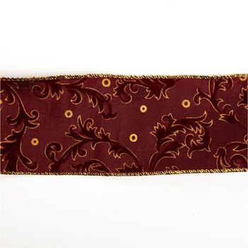 Dekoband Arabesque mit Velour und Metalldraht in Lila und Gold, präsentiert mit ornamentalen Arabesken; dekoratives Band mit 6,4 cm Breite - Vollansicht
