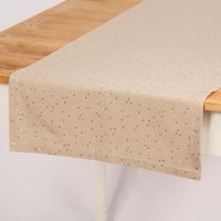 Naturfarbener Tischläufer 40x160 cm aus Baumwoll-Canvas mit goldenen Punkten auf Holztisch.