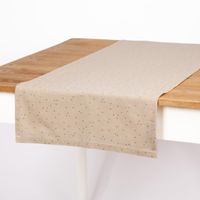 93407-SCHoeNER-LEBEN--Tischlaeufer-aus-Baumwoll-Canvas-in-Natur-mit-Goldpunkten-40x160cm-IMG-3519.jpg Naturfarbener SCHÖNER LEBEN. Tischläufer mit Goldpunkten dekorativ auf Esstisch präsentiert.