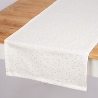 93408-SCHoeNER-LEBEN--Tischlaeufer-aus-Baumwoll-Canvas-in-Weiss-mit-Goldpunkten-40x160cm-IMG-3534.jpg Weißer Tischläufer 40x160 cm mit goldenen Punkten dekorativ auf Esstisch platziert.